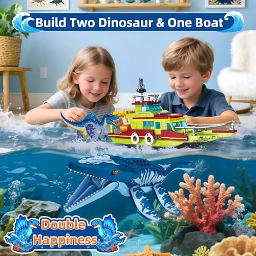 Dinosaur Explorers Ocean Building Set 3 in 1 Compatible with Dinosaur Park World, Boat & Dinosaurs Mosasaurus Spinosaurus with Articulated Joints, Toy Children 6-12 Years Old