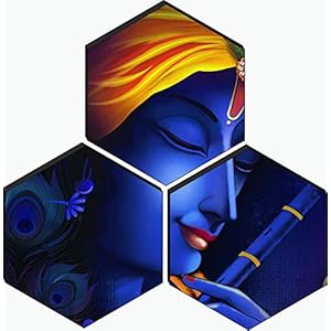 SAF Set of 3 Hexagon Krishna Flute Playing MDF Board UV Textured Painting 17 Inch X 17 Inch SANFHXS30377