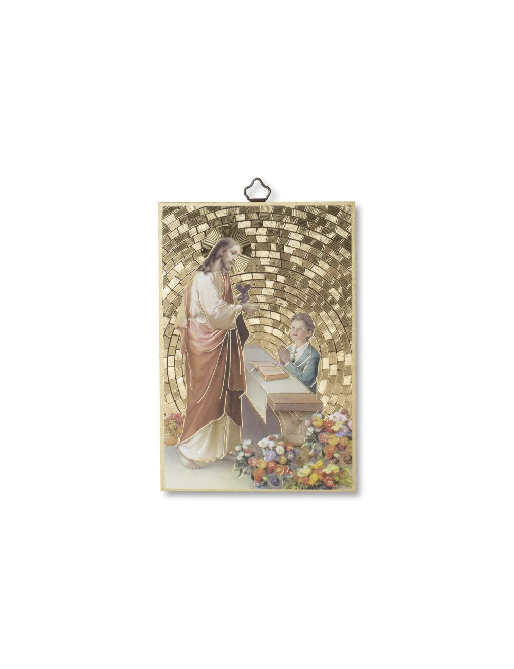 BONELLA BROTHERS Bonella Brothers | Sacred picture on 8mm poplar MDF wood with gold foil mosaic of a boy receiving First Communion with prayer on the back 10 x 15 cm | Made in Italy