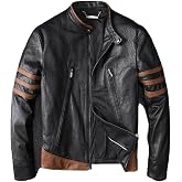 Mens X Wolverine Men Biker Leather Jacket | Hugh Logan Jackman Motorcycle Mens Leather Jacket with Brown Stripes