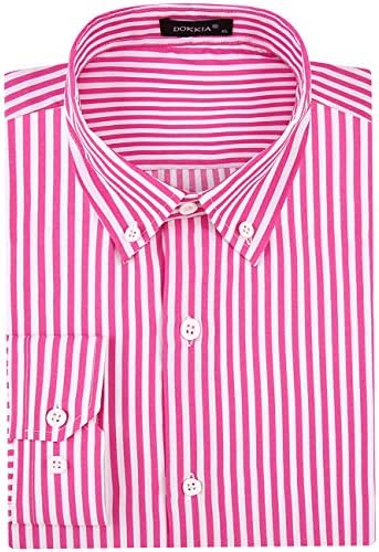 DOKKIA Men's Casual Business Sleeved Vertical Striped Slim Fit Dress Shirts