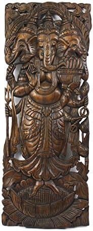Carved teak wall panels, three headed Ganesh design, 90cm x 35cm, GN02