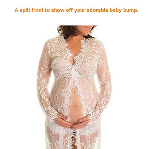 Pregnant Women Photography Lace Dress, White See-Through Maxi Dress with Long Sleeve V-Neck Split Front Lace