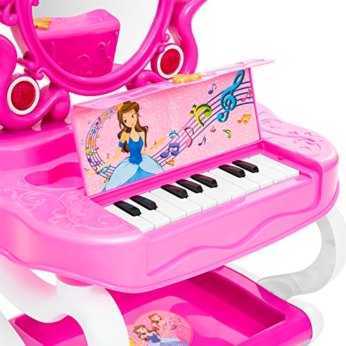 Best Choice Products 2-in-1 Kids Vanity Set Girls Toy Set w/ 16-Piece Beauty Accessories, Functional Piano Keyboard & Flashing Lights - Thumbnail 3