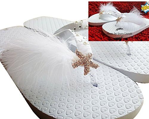 Feather Flip Flops,Bridal Shoes,Wedding Flip Flops,Crystal Starfish Ribbon Shoes,Beach Wedding Bridesmaid Gift Size US S (6-7)) (M(8-9))