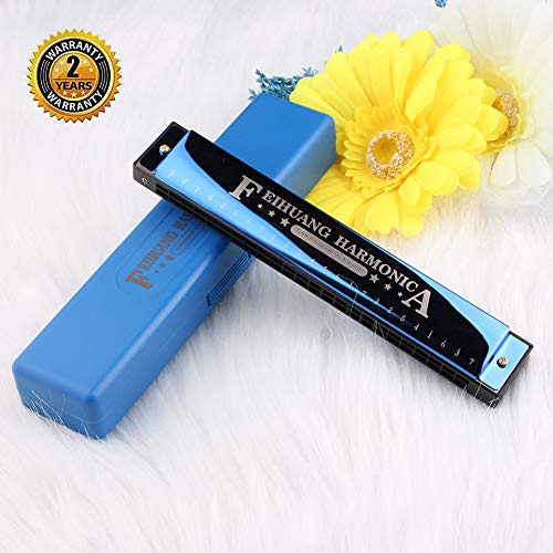 Harmonica for Beginners,C Key 24 Holes Major Diatonic Double Tremolo Harmonicas with Case for Kids (Blue)