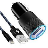 GUIGUI iPhone Car Charger, 24W 3.1A Rapid Dual Port USB Car Charger Adapter With 3FT Lightning USB Cable Charging Cord for iPhone X 8 7 Plus 6S 6 SE 5S 5, iPad, iPod - Black Blue