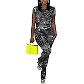 Two Piece Set Jumpsuit for Women Sexy Short Sleeve Floral Printed Mesh Bodycon Flared Pants Matching Set Club Outfits