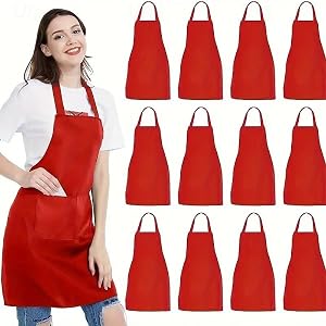 1PC Unisex Polyester Kitchen Apron, Solid Red, Adjustable Neck, 2 Large Pockets, Machine Washable Durable Cooking Apron
