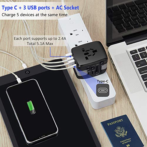 Universal Travel Adapter, 2400W International Power Adapter, European Adapter Worldwide All in One Plug Adaptor with 1 USB C + 3 USB for High Power Appliances for EU,UK,US,AUS,Over 200 Countries,Grey