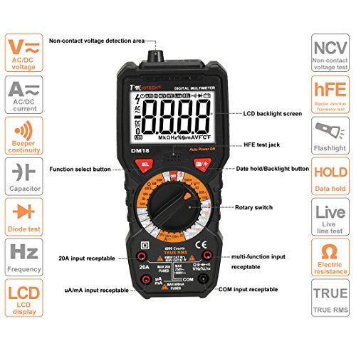 DMiotech Digital Multimeter DC AC Voltage Current Ohm Meter Resistance Capacitance Transistor Frequency Measurement Multi Tester LCD Backlight