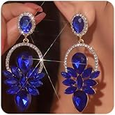 Chargances Vintage Royal Blue Rhinestone Statement Earrings Chic Crystal Teardrop Dangle Earrings for Wedding Women Brides
