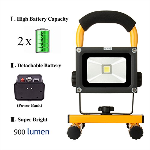 10W Work Light: LOFTEK Portable LED Outdoor Flood Light and Detachable 4400mAh Battery with Car Charger, Waterproof, 700-900lm,Yellow