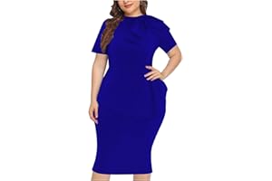 WANMEM Plus Size Dress for Curvy Women Semi Formal Cocktail Party Midi Dress Bodycon Short Sleeve Bow Ruffle Pencil Dresses