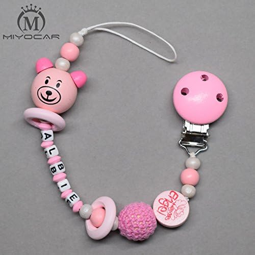 MIYOCAR Personalised Any name lovely 3D bear doll pink wooden beads dummy clip holder pacifier clip soother chain teether clip