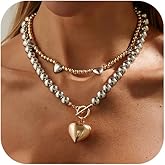 Chunky Two Tone Beaded Heart Necklace for Women Fashion Large Puffy Heart Ot Buckle Choker Layered Gold Silver Beads Necklaces Trendy Big Love Jewelry