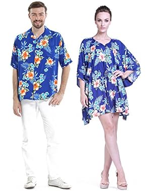 Couple Matching Hawaiian Luau Aloha Shirt Poncho Dress in Hibiscus 2 Colors