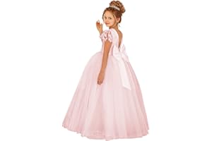 JISISANG Flower Girls Lace Cap Sleeve Dress for Wedding Puffy Tulle Back V-Neck Pageant Prom Ball Gown with Bow