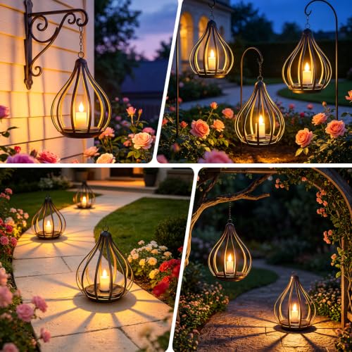 Solmora Set of 2 Solar Lantern Outdoor Hanging LED Candle Lights Flickering Flame Effect IP65 Outdoor Garden Decoration for Christmas, Halloween, Balcony, Patio, Camping