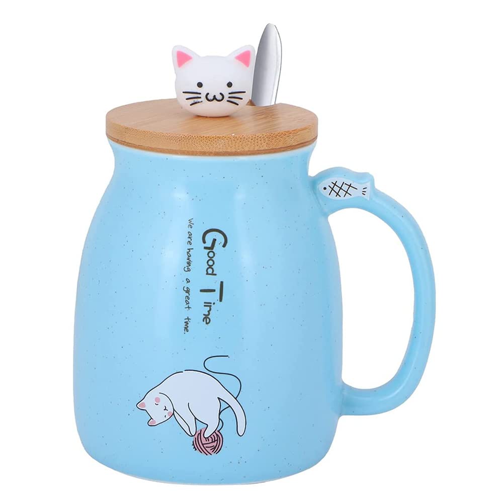 HwaGui Ceramic Coffee Mug Beautiful Cat Mug with Wooden Lid Stainless Steel Spoon for Home Office, 420 ml (Blue)