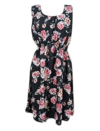 Mogul Womens Black Floral Boho Dress Floral Prints Elastic Waist SunDress M