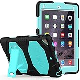 iPad 6th/5th Generation Case,SEYMAC Three Layer Heavy Duty Soft Silicone with Built-in Kikdstand Full-Body Protection Case for iPad 9.7 inch 2017/2018/iPad Pro 9.7/iPad Air 2 (Black/Sky Blue)