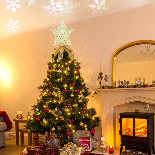 Yostyle Christmas Tree Topper Lighted Star Tree Topper with LED Rotating Snowflake Projector Lights,3D Hollow Golden Star Snowflake Tree Topper for Xmas Tree Decorations
