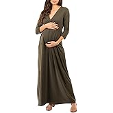 Mother Bee Maternity V-Neck 3/4 Sleeve Ruched Waist Dress