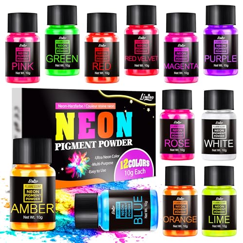 Neon Pigment Powder - 12 Colors Fluorescent Mica Powder for Epoxy Resin, 3D Nail Art, Candle, Slime and Soap Making, Neon Resin Dye for Painting, Jewelry, Eyeshadow, Halloween Makeup, DIY Crafts