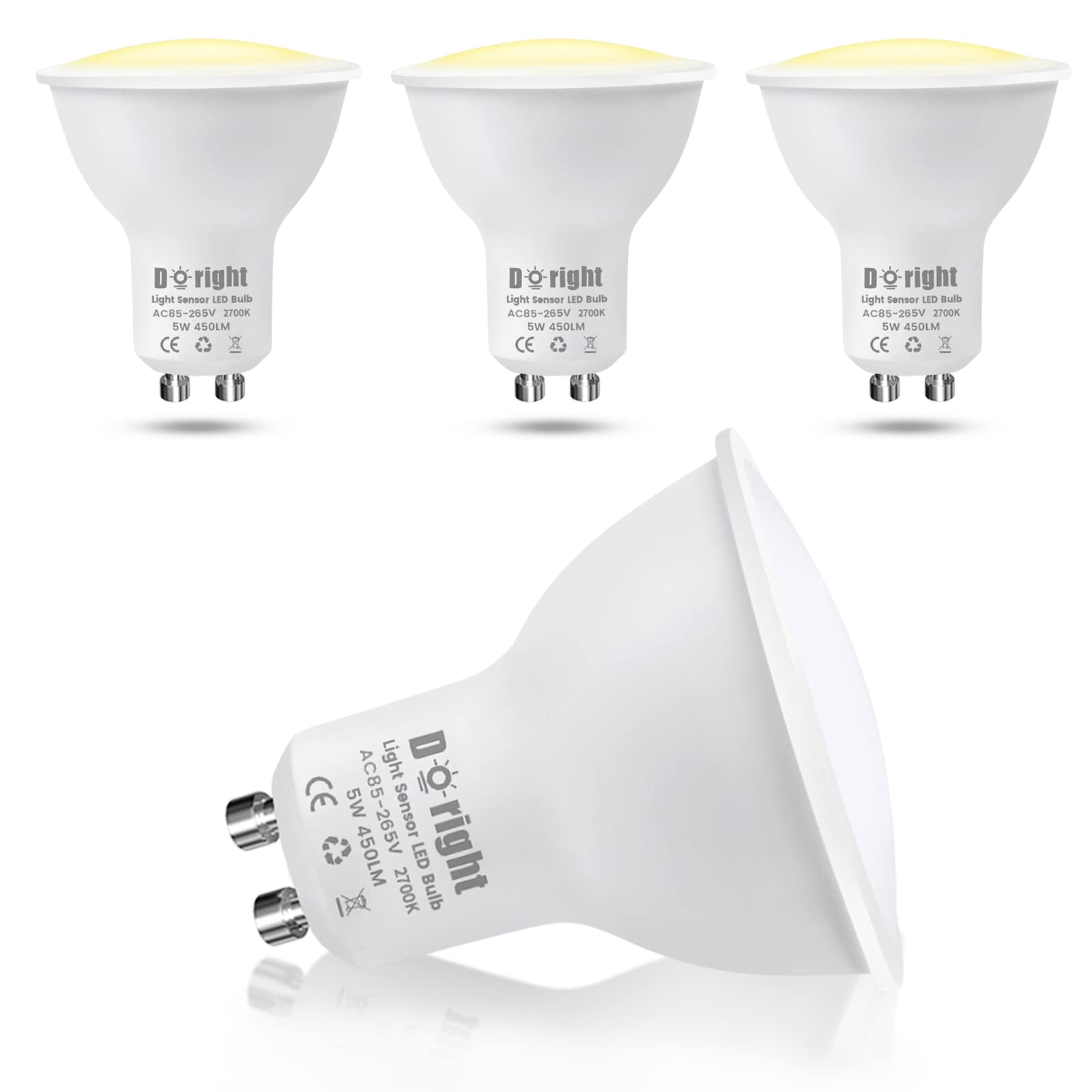DoRight 4pcs GU10 LED Dusk to Dawn Light with Sensor - 5W Warm White 2700K 450Lm Auto On/Off Bulb for Indoor/Outdoor, Porch, Front Door, Security