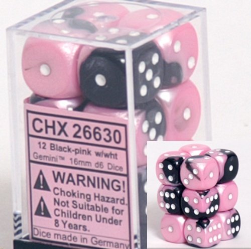 Chessex Dice d6 Sets: Gemini Black & Pink with White - 16mm Six Sided Die (12) Block of Dice