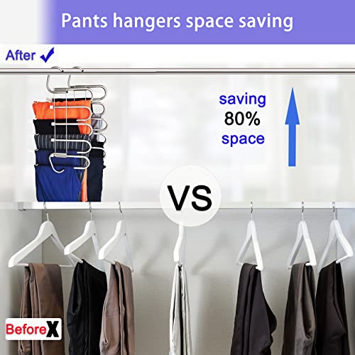 Non Slip Pants Hangers, Space Saving for Closet Organizer 5 Multiple Layered, Metal Stainless Steel Rack for Scarf Jeans Trousers ( White, 2 Pack) (White)