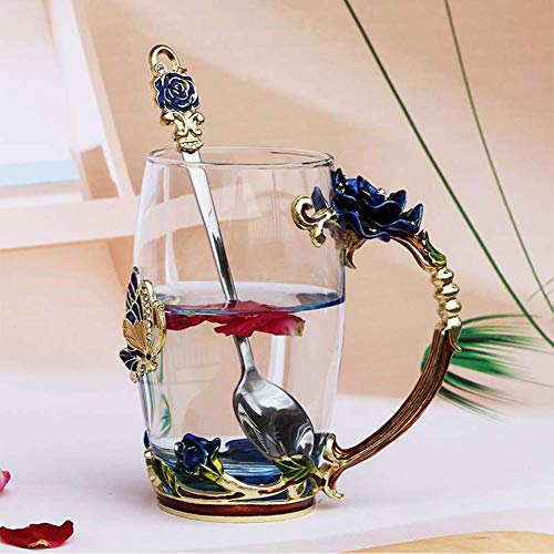Glass Mug Set Lead-Free Handmade Enamel Butterfly and Blue Rose Flower Tea Cups with Handle, Unique Personalized Birthday Present Ideas for Women Mother Grandma Teachers Coffee (Blue-Tall)
