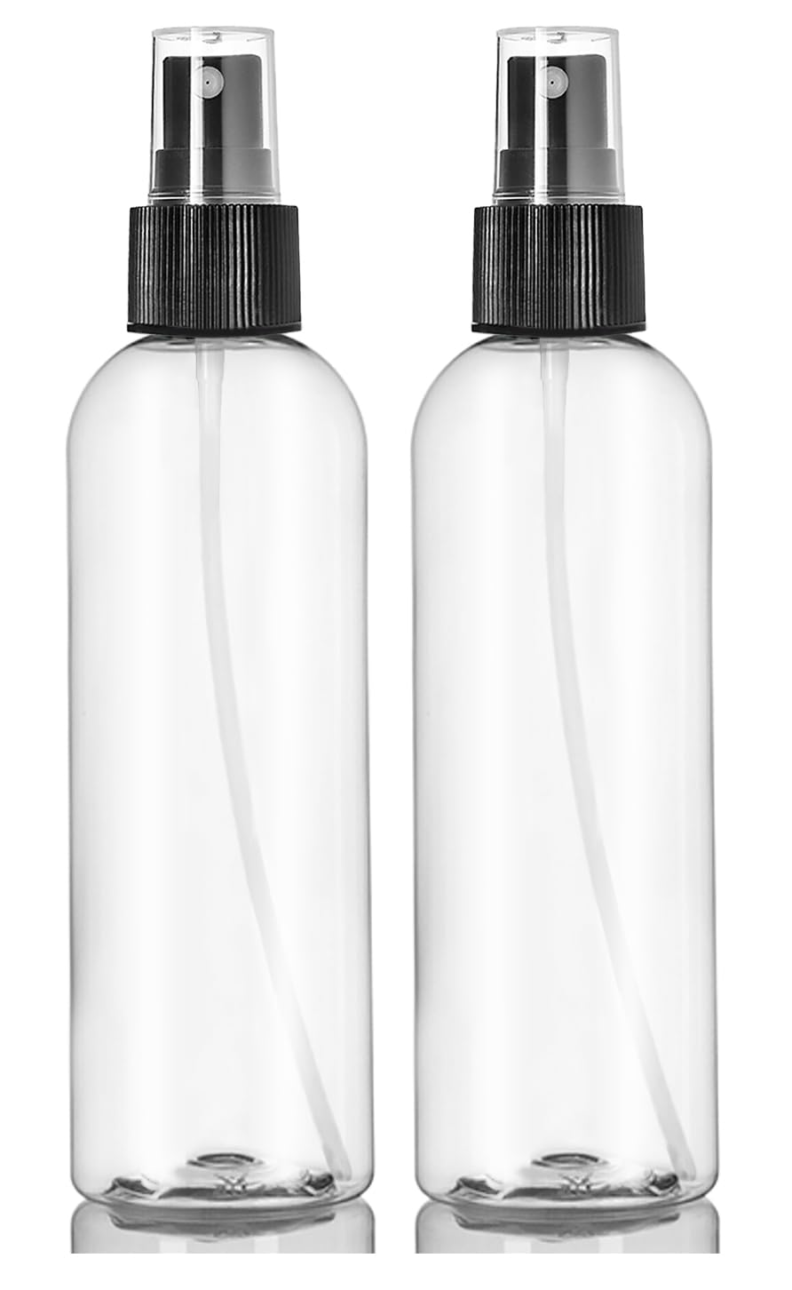 ljdeals 8 oz Clear Plastic Spray Bottles, Black Fine Mist Sprayer, Refillable Empty Bottles for Essential oils, Perfumes, Travel. Pack of 2, Made in USA