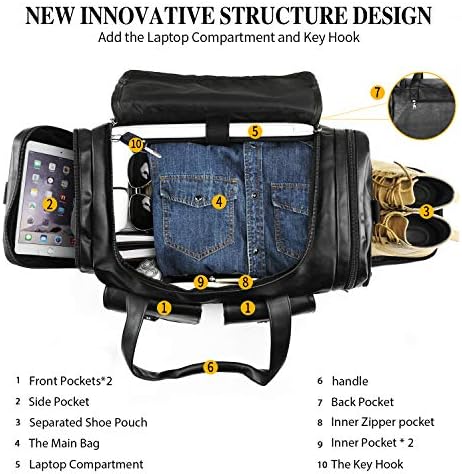 Zeroway Travel Duffel Bag with Shoe Pouch, PU leather Carry on Bag Weekender Overnight Bag for Men Women Black 2 Zeroway Travel Duffel Bag with Shoe Pouch, PU leather Carry on Bag Weekender Overnight Bag for Men Women Black