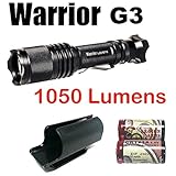 PowerTac Warrior Gen 3 1050 Lumens LED (CREE XM-L2 U2) Tactical Flashlight with Clip-On hard shell Holster and LegionArms CR123A Batteries