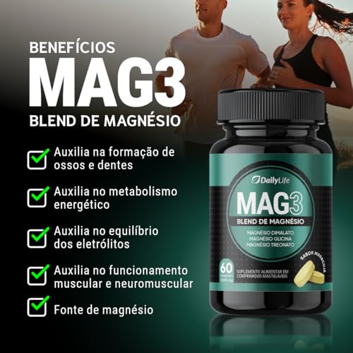 Magnesio Mag 3 Dimalato Treonato Glicina Magnesium 1000mg 100% Puro 60 Comprimidos Mastigaveis Sem Glúten Sabor Maracujá