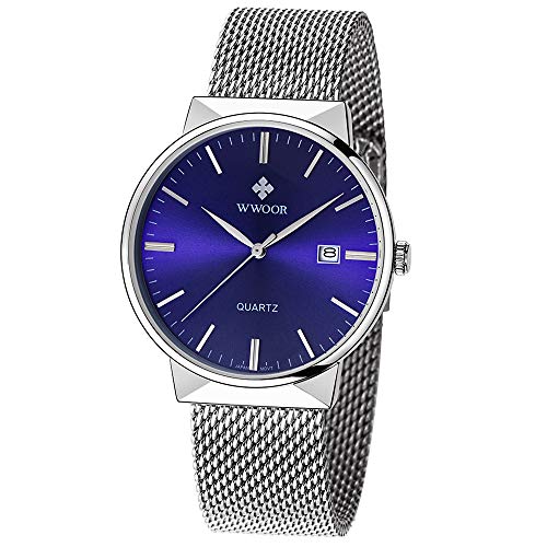 WWOOR Men's Fashion Wristwatch Analog Quartz Watches Stainless Steel Watch Mesh Band Watch Waterproof Watch Casual Watch Men (Blue)
