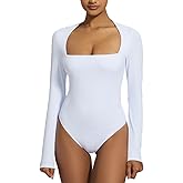 VICRUBU Women's Square Neck Long Sleeve Bodysuit Sexy Thong Double-Lined Tops