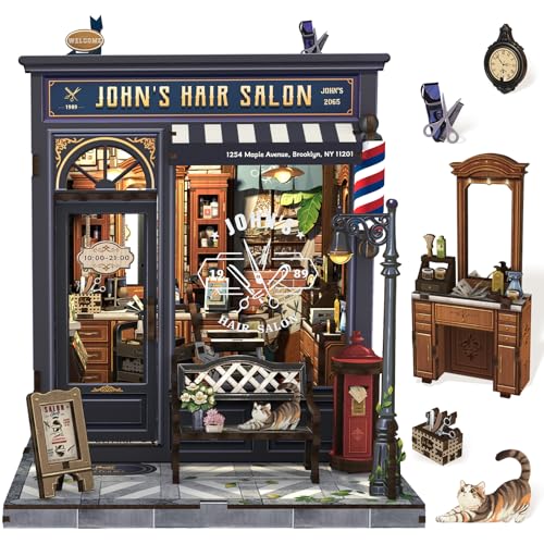 Cutefun Book Nook Kit - DIY Miniature Dollhouse Kit for Adults and Teens, Barbershop Mini House Building Kit with LED Bookshelf Insert Decor Creative Gifts (John's Hair Salon)