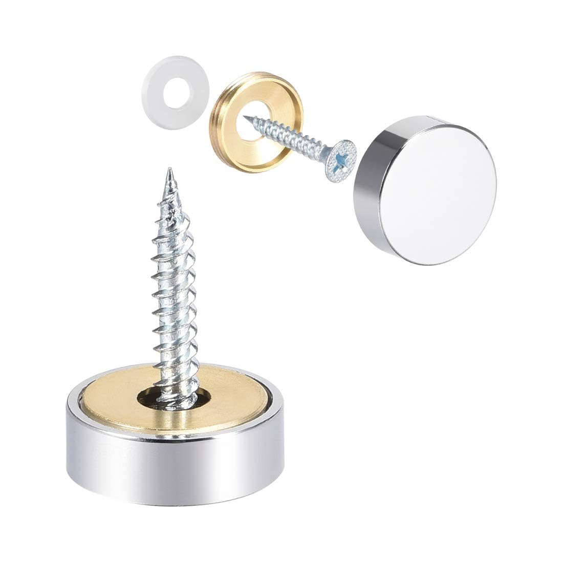 TOP-VIGOR 8Pcs Mirror Screws, 18mm brass Mirror Screws Cap Nail with Washers, Decorative Cap Covers Polished Mirror Nails for Mirrors, Furniture Fittings, Tables, Wardrobes, Glass, Silver