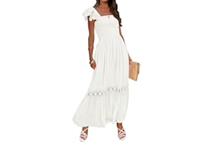 ZESICA Women's 2025 Summer Lace Strap Sleeveless Square Neck Smocked High Waist Ruffle Hollow Out Flowy A Line Maxi Dress