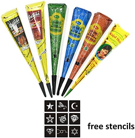 Henna Tattoo Cones 6PCS, Mostata for Body Art Temporary Painting Henna Cones Natural with Stencil Set Kit (Black, Red, Green, Blue, Orange, Brown)