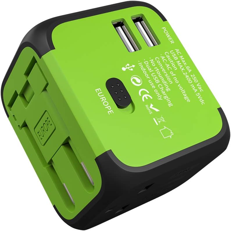 International Travel Adapter JMFONE 2 USB Universal Power Plug with Europe UK, EU, AU, US Plugs for 200 Countries for Laptop, Cell Phones (Does Not Convert Voltage) (Green)