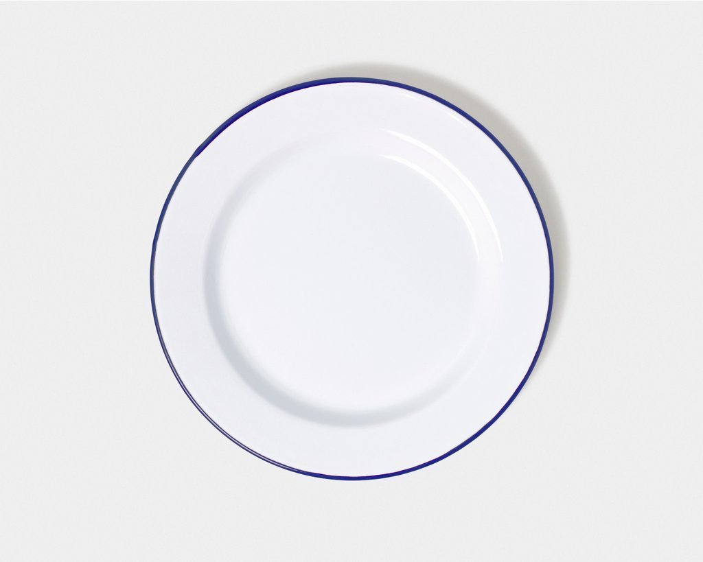 Genware 45026 Enamel Wide Rim Plate, 24 cm, White/Blue