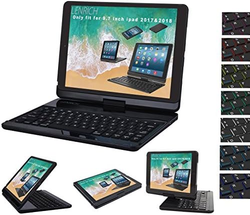 iPad 9.7 Keyboard Case 2018 2017 backlit,Lenrich backlight 360 Rotatable swivel wireless keyboard smart hard shell folio cover for apple iPad Air 5th 6th generation Auto Sleep-Wake up(Black)