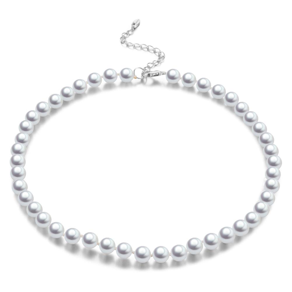 BULINLIN Pearl Beaded Choker Necklace for Women, 8mm/10mm Shell Pearls Costume Strand Necklace Fashion Jewellery Birthday Gift for Her（8mm White）