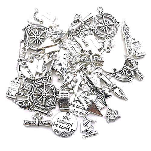 Youdiyla 50 Graduation Charm Collection, Bulk Class of 2019 Graduate Hat Cap School Compass Book Pen Charms Metal Pendant Craft Supplies Findings for Necklace and Bracelet Jewelry Making (HM306) - Thumbnail 2