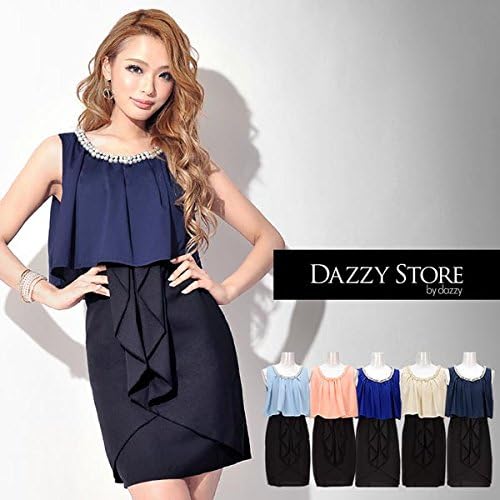 Amazon ノーブランド品 パールビジュー付きバイカラーノースリブタイトミニドレス ワンピ レディース Ladies 5 ブルー ワンピース チュニック 通販