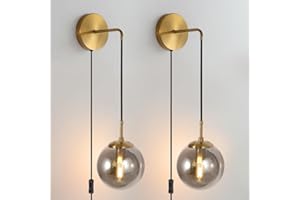 KUZZULL Wall Sconces Set of Two Plug in Wall Sconces 🔥🔥🔥 with Globe Smoke Grey Glass Shade Wall Lamp with Cord Wall Sconce Plug in Brushed Brass Gold Plug in Wall Sconces Set of 2 Plug in Wall Light Sconce